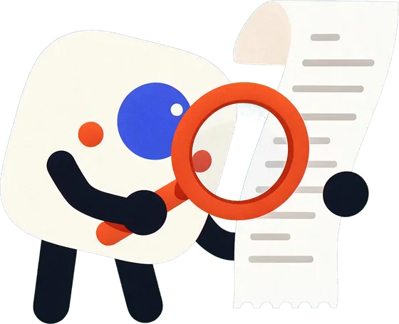 Nado inspecting a receipt through a magnifying glass.