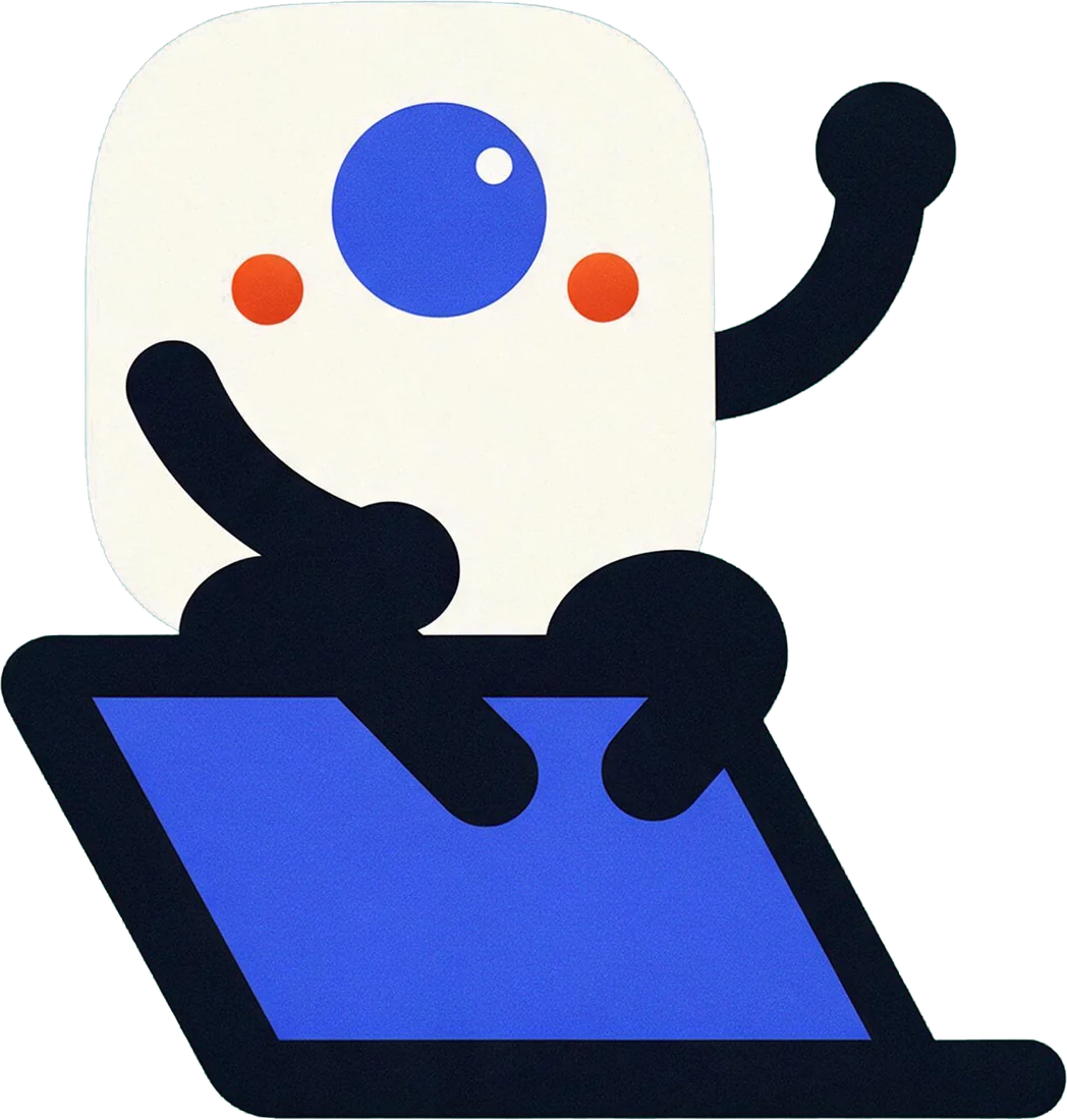 Nado sitting on an open laptop, waving.